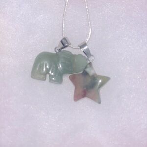 Hippie Boho Jade Elephant & Green Moss Agate Star 16” Neck…